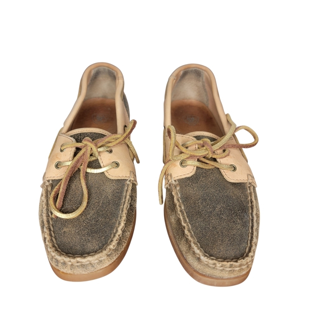 Ariat Distressed Brown and Tan Two Tone Slip On Leather Suede Boat Shoes - Picture 2 of 9